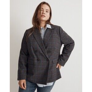 New Madewell The Rosedale Blazer Jacket Gray Blue Plaid Wool Bland Size 18W Plus